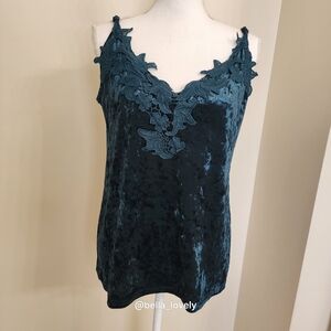 Elegant Deep Green/Teal Velvet Lace Trim Top